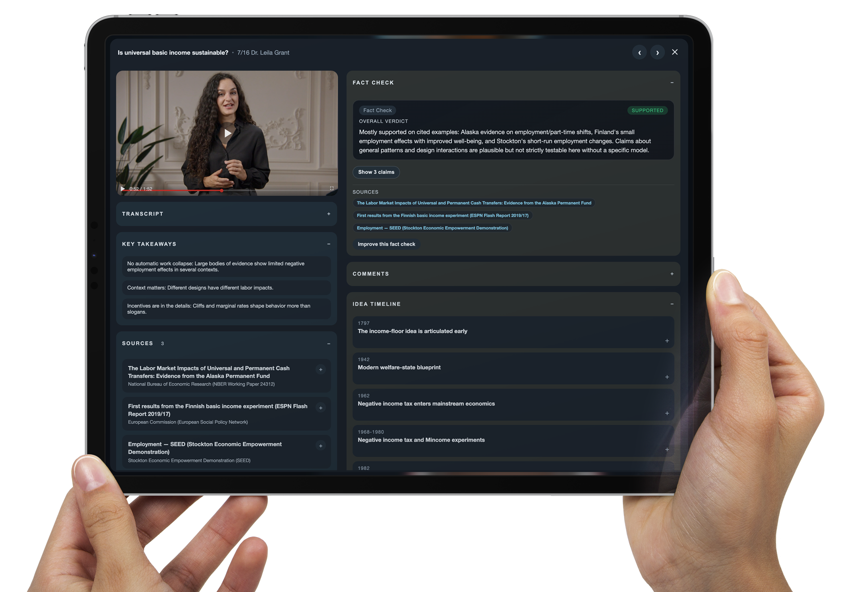 Symposya insights panel showing key takeaways, timeline, and sourced claims